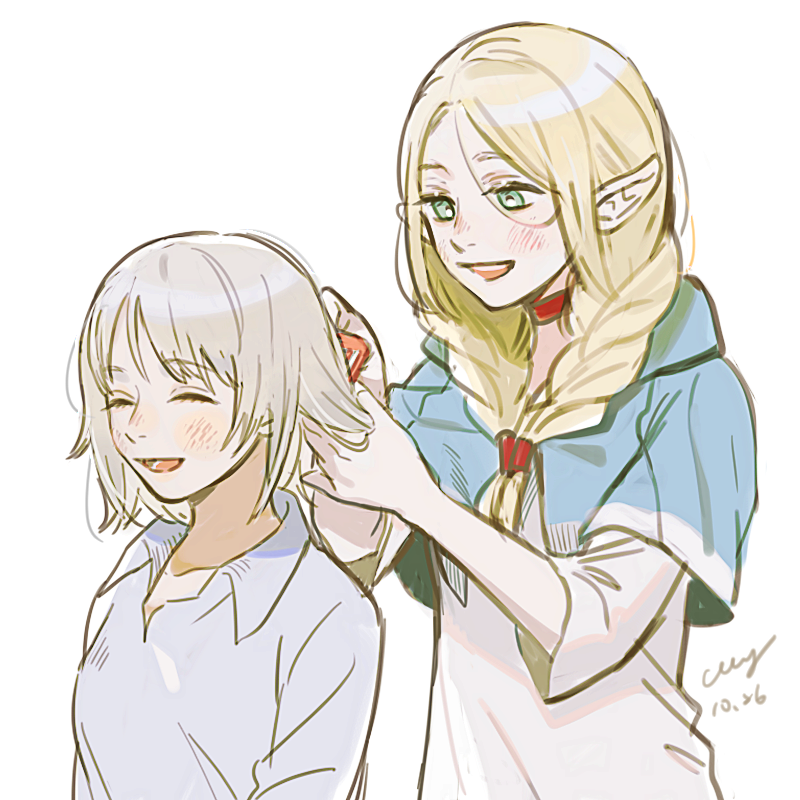 2girls blonde_hair blue_capelet braid brushing_another's_hair brushing_hair capelet choker collared_shirt comb dated dungeon_meshi elf facing_ahead falin_thorden green_eyes grey_hair hair_between_eyes hands_up happy holding holding_another's_hair holding_comb hood hood_down hooded_capelet laughing long_hair long_sleeves looking_at_another marcille_donato miying_(ho_ru03_15) multiple_girls pointy_ears shirt short_hair signature simple_background twin_braids twintails upper_body white_shirt wings