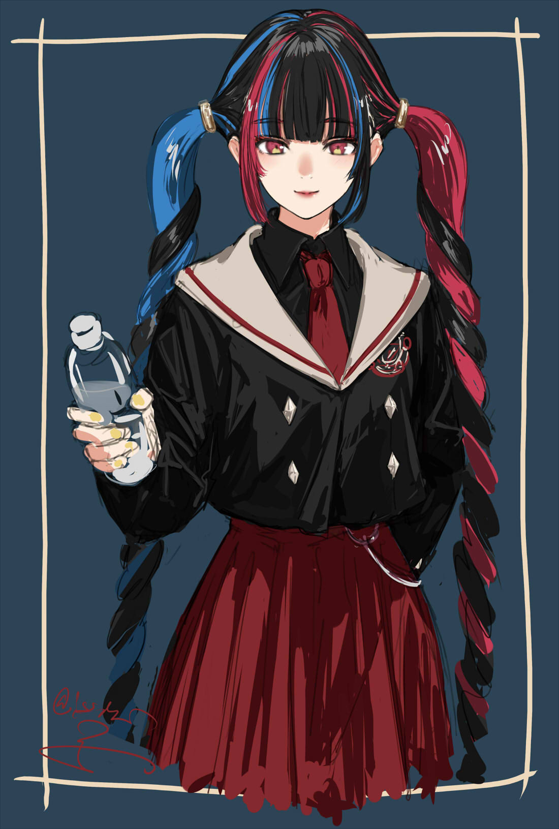 1girl alternate_costume black_hair black_jacket black_shirt blue_background blue_hair blunt_bangs border bottle buttons closed_mouth collared_shirt commentary_request cropped_legs double-breasted hand_in_pocket hand_up harusaruhi highres holding holding_bottle incoming_drink isshiki_(ffmania7) jacket kamitsubaki_studio long_hair long_sleeves looking_at_viewer multicolored_hair necktie pleated_skirt red_eyes red_necktie red_skirt redhead sailor_collar school_uniform shirt sidelocks signature skirt smile solo twintails twisted_hair two-tone_eyes virtual_youtuber water_bottle white_sailor_collar yellow_eyes yellow_nails
