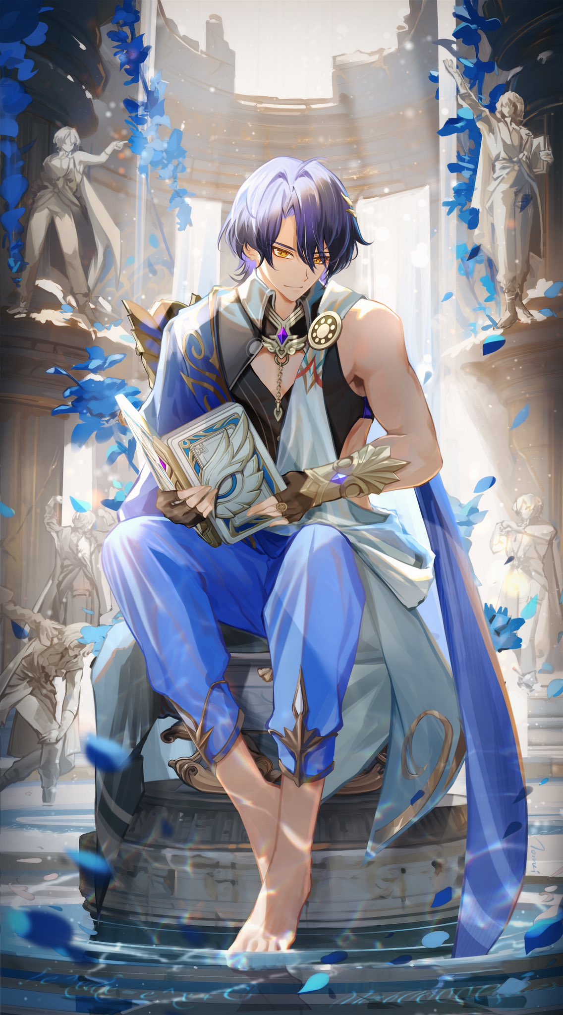 1boy ancient_greek_clothes barefoot blue_hair blue_pants book closed_mouth clothing_cutout dr._ratio_(honkai:_star_rail) english_commentary fingerless_gloves full_body gloves greco-roman_clothes hair_between_eyes highres holding holding_book honkai:_star_rail honkai_(series) male_focus open_book pants pectoral_cleavage pectorals shirt short_hair sitting sleeveless sleeveless_shirt solo statue touming_tomei yellow_eyes
