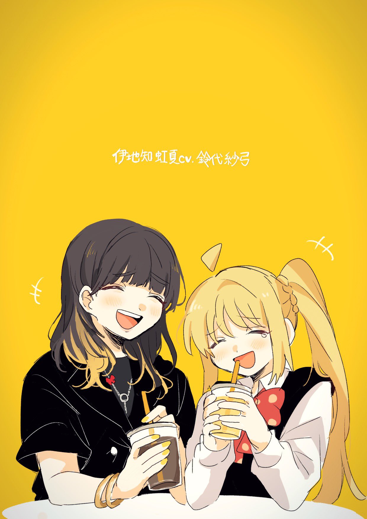 2girls ahoge black_hair blonde_hair bocchi_the_rock! closed_eyes cup detached_ahoge drink fuji_1221 highres holding holding_cup long_hair multicolored_hair multiple_girls real_life side_ponytail streaked_hair tears voice_actor voice_actor_connection yellow_nails