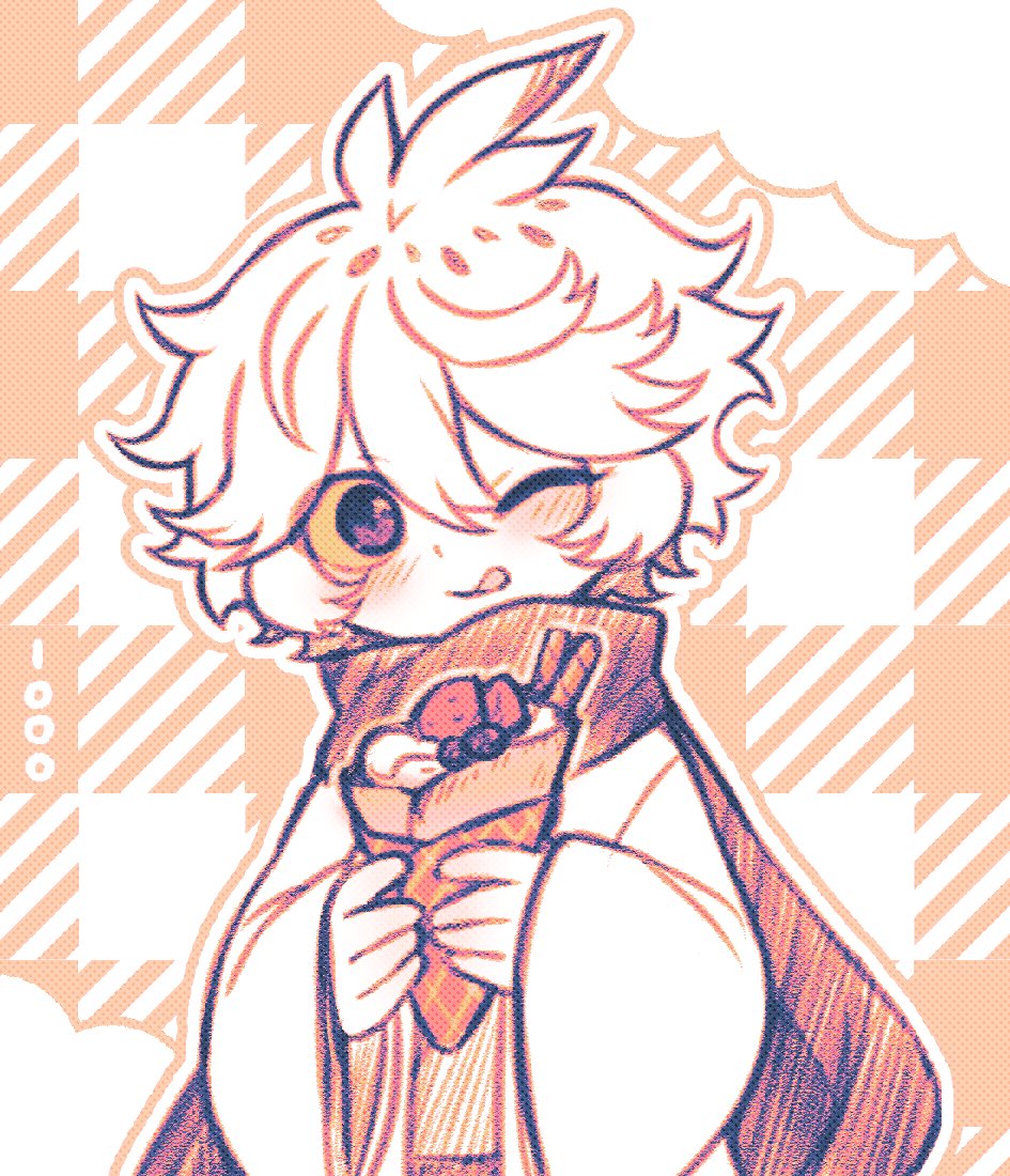 1boy :d ahoge bird_boy black_scarf checkered_background clouds colored_sclera english_commentary funamusea hair_between_eyes halftone holding_ice_cream_cone ice_scream japanese_clothes kimono licowish light_blush looking_at_viewer male_focus messy_hair one_eye_closed orange_background orange_outline outline scarf short_hair sidelocks smile solo watermark white_background white_hair white_kimono white_outline wide_sleeves yellow_sclera yukisada