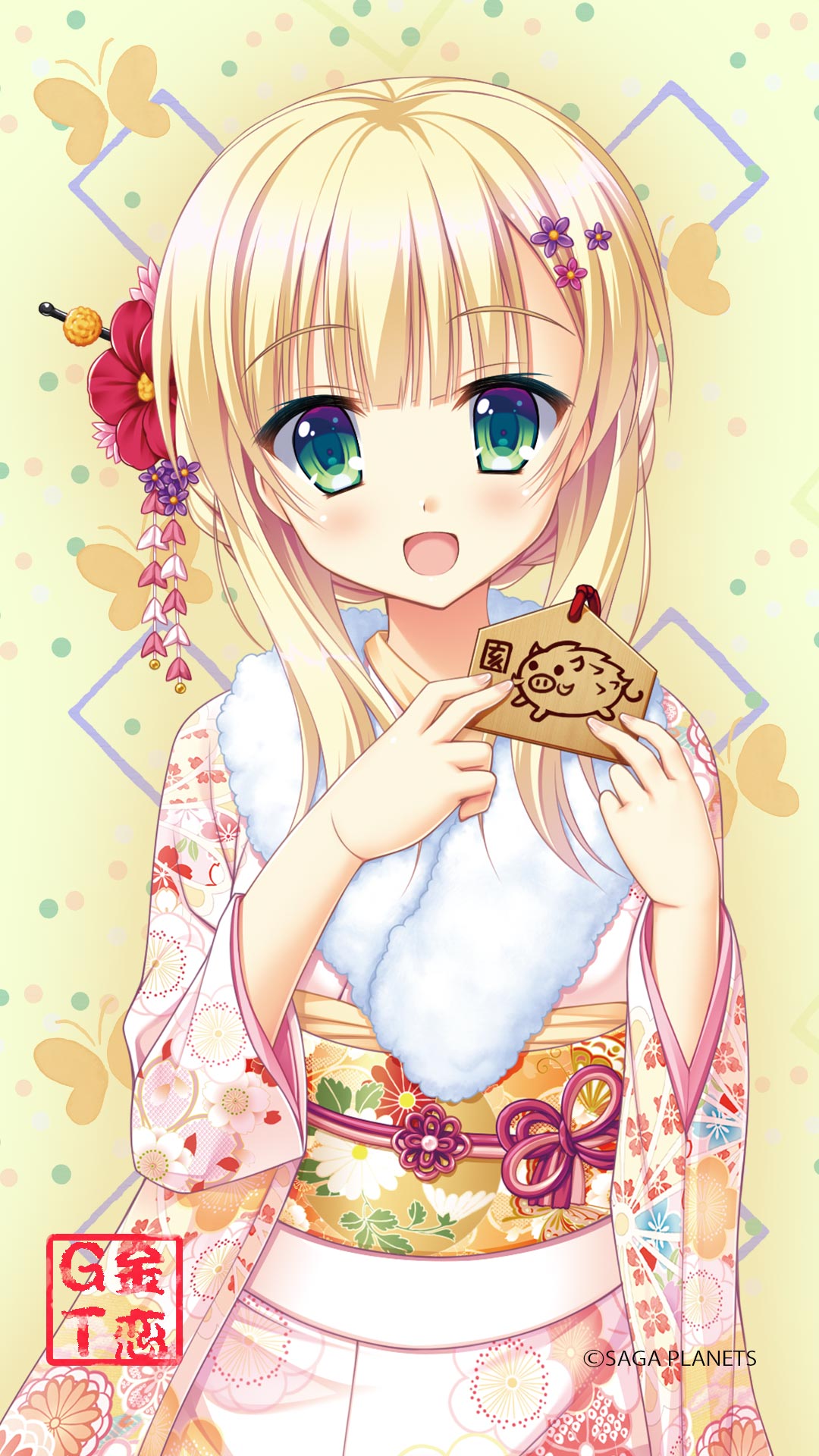1girl :d alternate_costume alternate_hairstyle animal_print blonde_hair blunt_bangs blush butterfly_print chinese_zodiac company_name cowboy_shot eyes_visible_through_hair fingernails floral_print flower fur-trimmed_kimono fur_trim green_eyes hair_flower hair_ornament hair_stick hands_up happy highres holding japanese_clothes kanzashi kimono kin-iro_loveriche long_hair long_sleeves looking_at_viewer moribe_(rabumanyo) new_year official_art official_wallpaper open_mouth pig_print pink_kimono print_kimono purple_flower red_flower sash sidelocks simple_background smile solo sylvia_le_cruzcrown_sortilege_sisua wide_sleeves year_of_the_pig yellow_background yellow_sash
