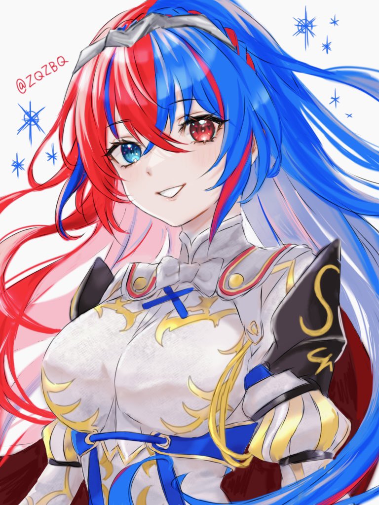 1girl alear_(female)_(fire_emblem) alear_(fire_emblem) armor artist_name blue_eyes blue_hair breasts commentary_request eyelashes fire_emblem fire_emblem_engage heterochromia multicolored_hair red_eyes redhead simple_background smile solo split-color_hair teeth twitter_username two-tone_hair upper_body white_background zqzbq
