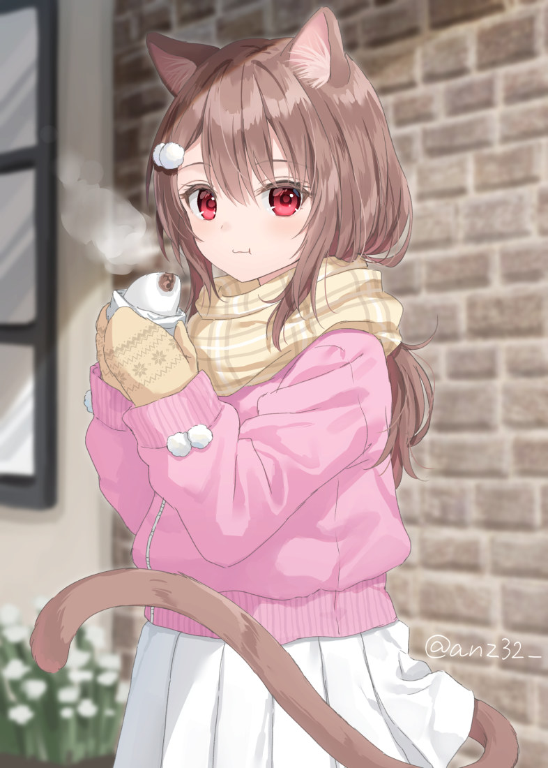 1girl :t animal_ears anz32 baozi blurry blurry_background brick_wall brown_hair brown_mittens brown_scarf cat_ears cat_girl cat_tail closed_mouth depth_of_field eating enpera food hands_up holding holding_food jacket long_hair long_sleeves looking_at_viewer mittens nina_(anz32) original pink_jacket plaid plaid_scarf pleated_skirt puffy_long_sleeves puffy_sleeves red_eyes scarf skirt solo steam tail twitter_username white_skirt window
