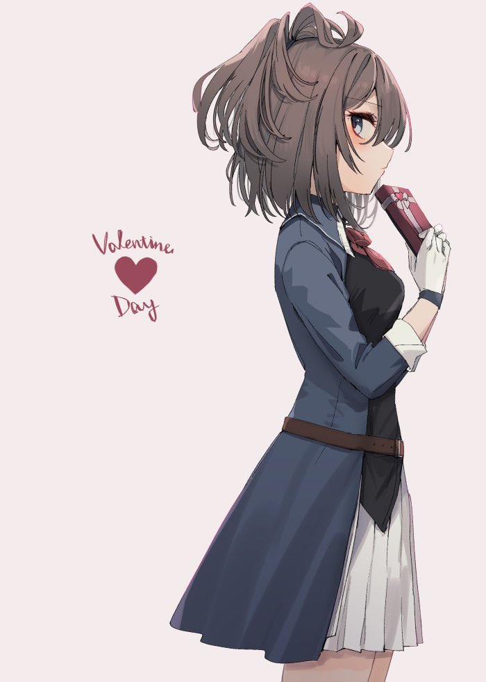 1girl blue_eyes blush breasts brown_hair cowboy_shot from_side gift gloves hair_between_eyes holding holding_gift kantai_collection long_sleeves medium_breasts military_uniform one-hour_drawing_challenge pleated_skirt profile sheffield_(kancolle) skirt solo uniform white_gloves white_skirt yamashichi_(mtseven)