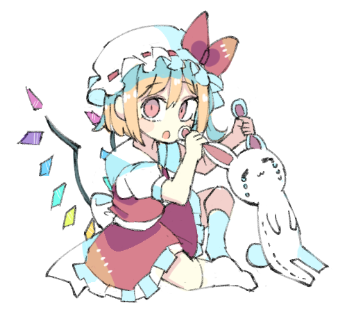 1girl :o animal_ears baron_(x5qgeh) blonde_hair bow crystal flandre_scarlet frills full_body grabbing_another's_ear hair_between_eyes hand_on_another's_ear hat hat_bow kneehighs looking_at_viewer low_wings lowres mob_cap no_nose no_shoes open_mouth petticoat pink_eyes puffy_short_sleeves puffy_sleeves rabbit_ears red_bow red_skirt red_vest short_hair short_sleeves sitting skirt skirt_set socks solo stuffed_animal stuffed_toy touhou vest white_headwear white_socks wings
