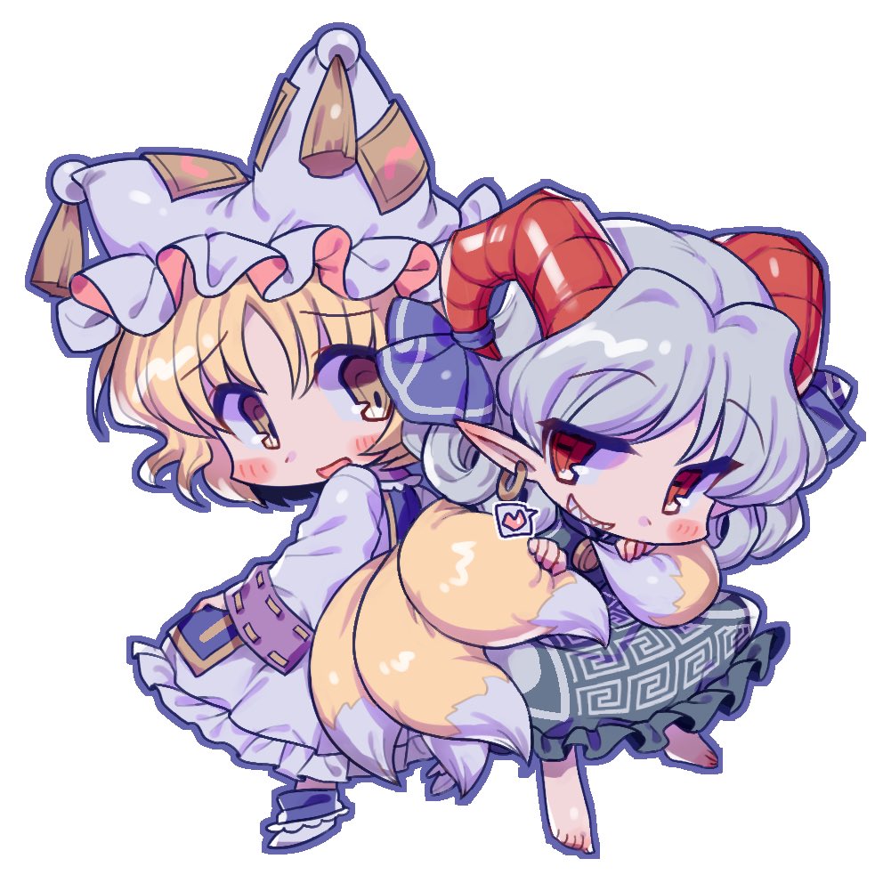 animal_hat back-to-back barefoot blonde_hair blue_ribbon blush chibi chibi_only curled_horns dress earrings fox_tail frilled_dress frills grey_dress grey_hair grin hat heart holding_another's_tail hoop_earrings horizontal_pupils horn_ornament horn_ribbon horns jewelry long_sleeves looking_at_viewer looking_back masanaga_(tsukasa) meandros medium_hair mob_cap multiple_tails open_mouth outline parted_bangs pointy_ears print_dress red_eyes red_horns ribbon simple_background smile socks speech_bubble spoken_heart tail tassel touhou toutetsu_yuuma white_background white_dress white_headwear white_socks yakumo_ran yellow_eyes