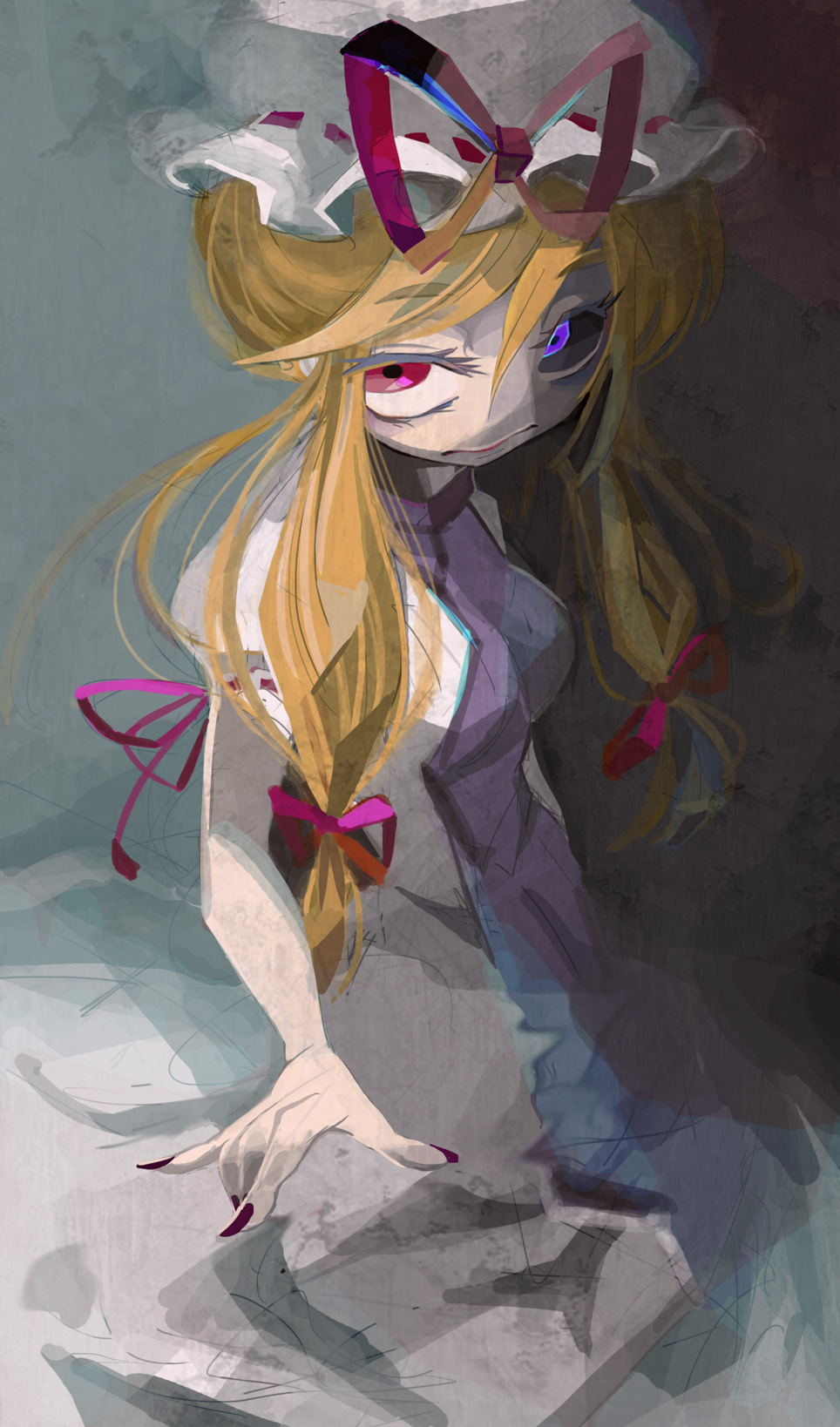 1girl black_sclera blonde_hair closed_mouth colored_sclera commentary_request cowboy_shot diao_ye_zong dress eyelashes frilled_hat frills grey_background hair_over_shoulder hair_ribbon hat hat_ribbon heterochromia highres long_dress long_hair low-tied_long_hair mismatched_sclera mob_cap nail_polish outstretched_hand puffy_short_sleeves puffy_sleeves purple_tabard red_eyes red_nails red_ribbon ribbon ribbon-trimmed_headwear ribbon-trimmed_sleeves ribbon_trim sakamoto_(pompa) short_sleeves simple_background sleeve_ribbon smile solo tabard touhou violet_eyes white_dress white_headwear white_sleeves yakumo_yukari