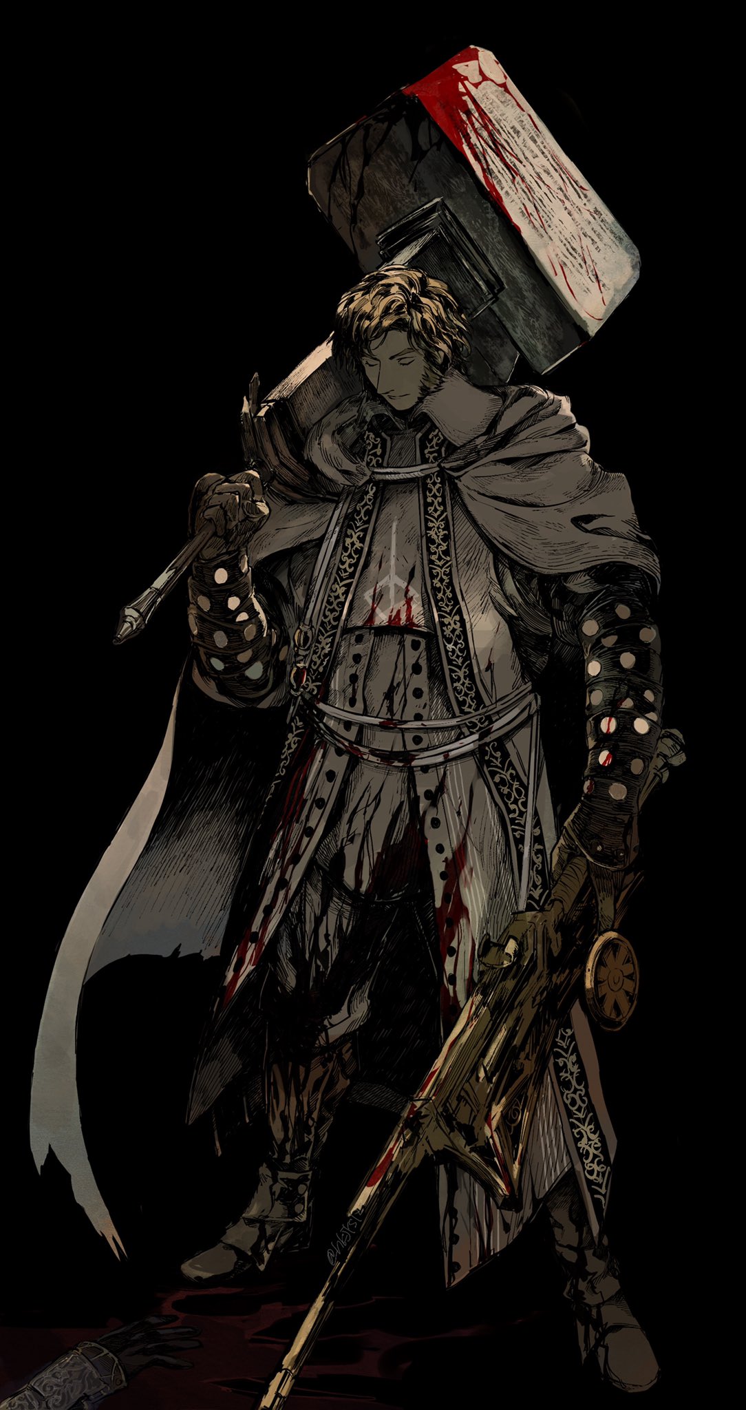 1boy alfred_(bloodborne) armor black_background blonde_hair blood blood_on_clothes blood_on_ground blood_on_weapon bloodborne boots cloak closed_eyes corpse dual_wielding full_body fune_(nkjrs12) gloves gun hammer highres holding holding_gun holding_hammer holding_weapon kirkhammer long_sideburns male_focus over_shoulder rifle sideburns solo vambraces weapon weapon_over_shoulder white_cloak