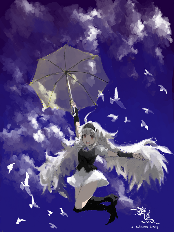 1girl :d ahoge arm_up arm_warmers bad_drawr_id bad_id bird black_footwear black_hairband black_vest blue_sky boots character_request clouds copyright_request dress english_text flying goldregen hairband holding holding_umbrella long_hair looking_at_viewer oekaki open_mouth outstretched_arm painterly sky smile solo teeth thighs umbrella upper_teeth_only vest white_bird white_dress white_hair
