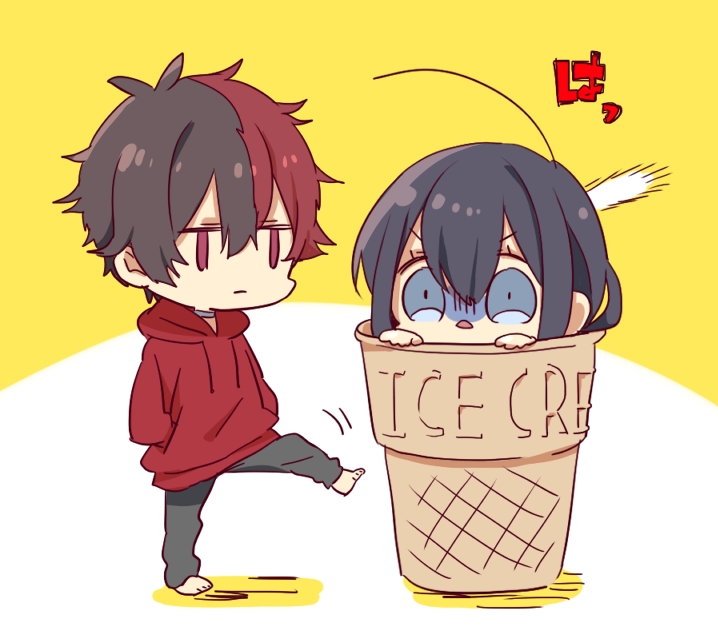 2boys :| ahoge barefoot black_hair black_pants blue_eyes chibi closed_mouth food gloom_(expression) goma_sodapop hands_in_pockets hizen_tadahiro hood hoodie ice_cream_cone in_container in_food kicking long_sleeves looking_at_another male_focus multicolored_hair multiple_boys namazuo_toushirou pants red_hoodie redhead surprised touken_ranbu two-tone_hair white_background yellow_background