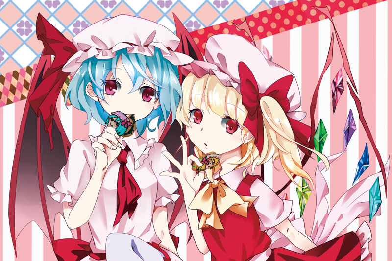 2girls ascot back_bow bat_wings blonde_hair blue_hair bow bowtie breasts collared_shirt crystal flandre_scarlet frilled_shirt_collar frilled_skirt frilled_sleeves frills hair_bow hat hat_ribbon kelu. large_bow looking_at_viewer medium_hair mob_cap multicolored_wings multiple_girls one_side_up pink_background pink_bow pink_headwear pink_shirt red_ascot red_bow red_eyes red_skirt red_vest remilia_scarlet ribbon shirt short_sleeves siblings simple_background sisters skirt small_breasts striped_background touhou upper_body vest violet_eyes wings yellow_bow yellow_bowtie