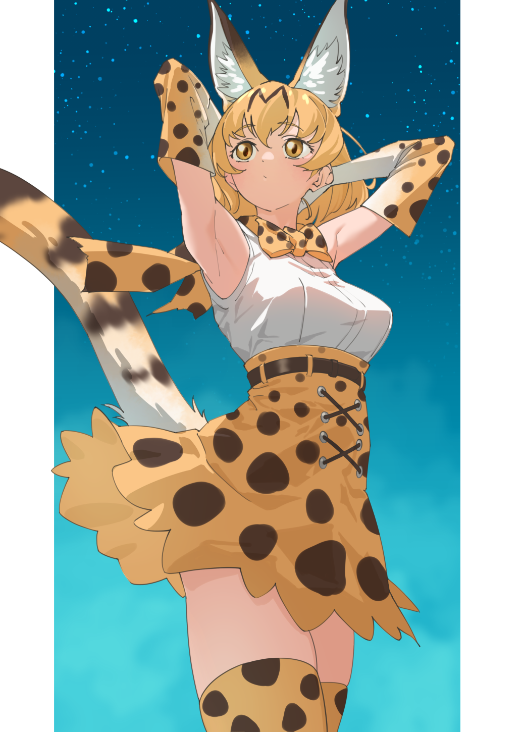 1girl animal_ear_fluff animal_ears armpits arms_behind_head arms_up bare_shoulders belt blonde_hair bow bowtie breasts cat_ears cat_girl cat_tail commentary cowboy_shot elbow_gloves extra_ears frilled_skirt frills gloves hair_between_eyes high-waist_skirt highres kemono_friends medium_breasts night night_sky print_bow print_bowtie print_gloves print_skirt print_thighhighs serval_(kemono_friends) serval_print shirt short_hair sidelocks skirt sky sleeveless sleeveless_shirt solo star_(sky) tail tanabe_(fueisei) thigh-highs white_shirt yellow_eyes zettai_ryouiki