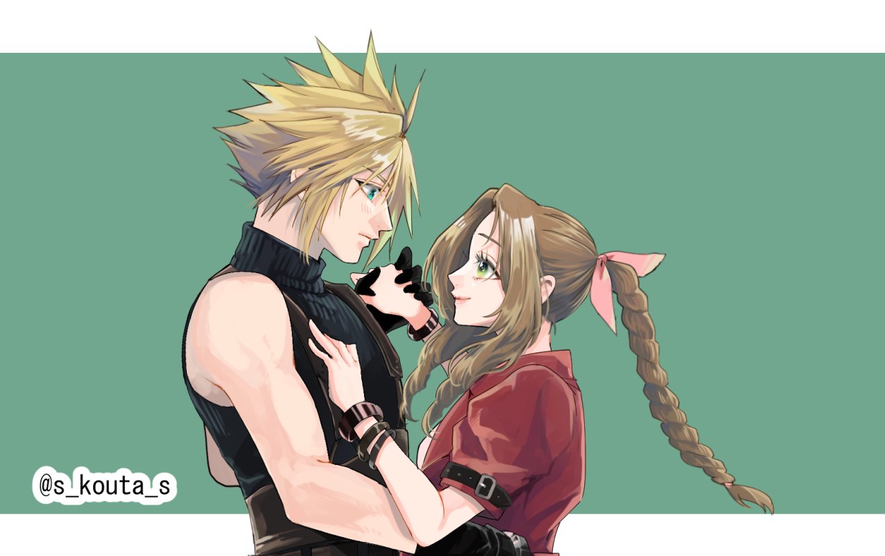 1boy 1girl aerith_gainsborough belt black_gloves blonde_hair blue_eyes blue_shirt border braid braided_ponytail breasts brown_belt brown_hair closed_mouth cloud_strife couple dress final_fantasy final_fantasy_vii gloves green_background green_eyes hair_between_eyes hair_ribbon hand_on_another's_chest hand_on_another's_hip hetero holding_hands jacket letterboxed long_hair looking_at_another medium_breasts multiple_belts parted_bangs pink_dress pink_ribbon profile puffy_short_sleeves puffy_sleeves red_jacket ribbon s_kouta_s shirt short_hair short_sleeves sidelocks single_bare_shoulder single_braid sleeveless sleeveless_turtleneck smile spiky_hair suspenders turtleneck twitter_username upper_body wavy_hair white_border