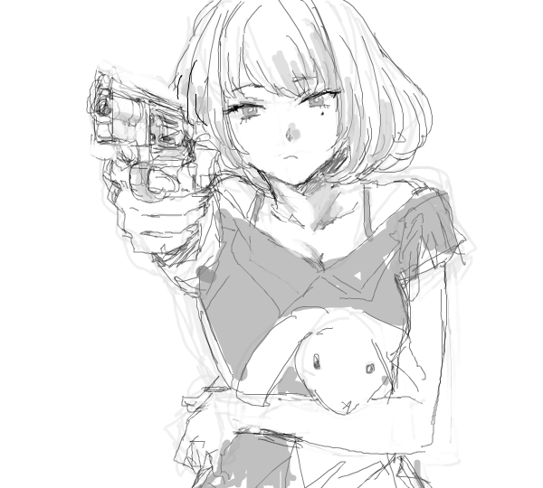 1girl bad_drawr_id bad_id bob_cut character_request closed_mouth copyright_request greyscale gun handgun holding holding_gun holding_stuffed_toy holding_weapon light_frown looking_at_viewer medium_hair mole mole_under_eye monochrome oekaki osakana_(denpa_yun'yun) pointing_gun revolver shirt short_sleeves simple_background sketch solo stuffed_animal stuffed_rabbit stuffed_toy upper_body weapon white_background