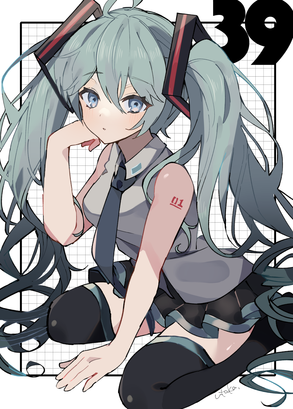 1girl 39 aqua_eyes aqua_hair aqua_trim artist_name bare_shoulders black_footwear black_skirt blue_necktie boots breasts collared_shirt commentary_request grid_background hair_between_eyes hair_ornament hand_on_floor hand_on_own_cheek hand_on_own_face hatsune_miku highres kneeling long_hair looking_at_viewer necktie number_tattoo pleated_skirt shirt skirt sleeveless sleeveless_shirt solo tattoo thigh-highs thigh_boots twintails utakapen very_long_hair vocaloid white_background white_shirt