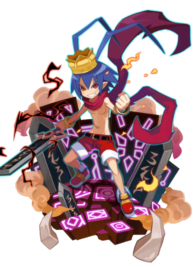 1boy antenna_hair belt blue_hair bracelet crown demon_boy disgaea disgaea_rpg full_body hair_between_eyes holding holding_weapon jewelry laharl male_focus navel pointy_ears red_eyes red_scarf scarf shorts smile solo teeth topless_male transparent_background weapon