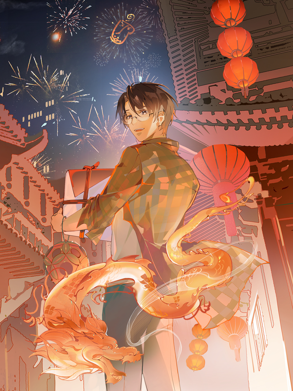 1boy aerial_fireworks architecture black_hair chinese_commentary chinese_new_year city_lights commentary_request denim dragon east_asian_architecture fireworks glasses highres holding jacket jeans klein_moretti lamp looking_at_viewer looking_back lord_of_the_mysteries new_year night night_sky official_art outdoors pants parted_lips shirt short_hair sky smile solo teeth white_shirt yellow_jacket zhou_mingrui
