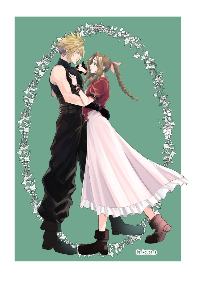 1boy 1girl aerith_gainsborough baggy_pants belt black_footwear black_gloves black_pants blonde_hair blue_eyes blue_shirt boots border braid braided_ponytail breasts brown_belt brown_footwear brown_hair closed_mouth cloud_strife couple cropped_jacket dancing dress final_fantasy final_fantasy_vii full_body gloves green_background green_eyes hair_between_eyes hair_ribbon hand_on_another's_chest hand_on_another's_hip hetero holding_hands jacket long_dress long_hair looking_at_another medium_breasts multiple_belts pants parted_bangs pink_dress pink_ribbon profile puffy_short_sleeves puffy_sleeves red_jacket ribbon s_kouta_s shirt short_hair short_sleeves sidelocks single_bare_shoulder single_braid sleeveless sleeveless_turtleneck smile spiky_hair suspenders turtleneck twitter_username wavy_hair white_border