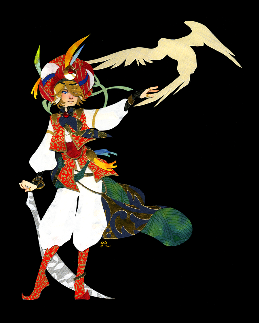 1boy arabian_clothes ascot bird black_background black_gloves blonde_hair blue_ascot blue_cape blue_eyes boots cape closed_mouth commentary cutlass english_commentary full_body gloves hair_over_one_eye hat_feather holding holding_sword holding_weapon light_frown long_sleeves looking_ahead mahmut_bey male_focus open_clothes open_vest outstretched_arm pants partially_fingerless_gloves pointy_footwear puffy_long_sleeves puffy_pants puffy_sleeves red_footwear red_headwear red_vest shirt short_hair shoukoku_no_altair simple_background solo sword turban vest weapon white_bird white_pants white_shirt white_sleeves yutaan