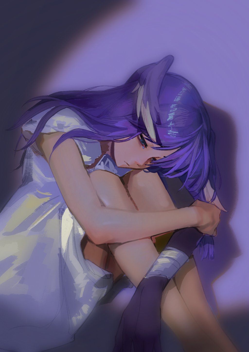 1girl asymmetrical_arms blue_eyes closed_mouth commentary cracy_logan dress english_commentary frown head_wings highres hugging_own_legs knees_to_chest long_hair nijisanji nijisanji_en purple_background purple_hair selen_tatsuki shadow sitting solo tears virtual_youtuber white_dress wings