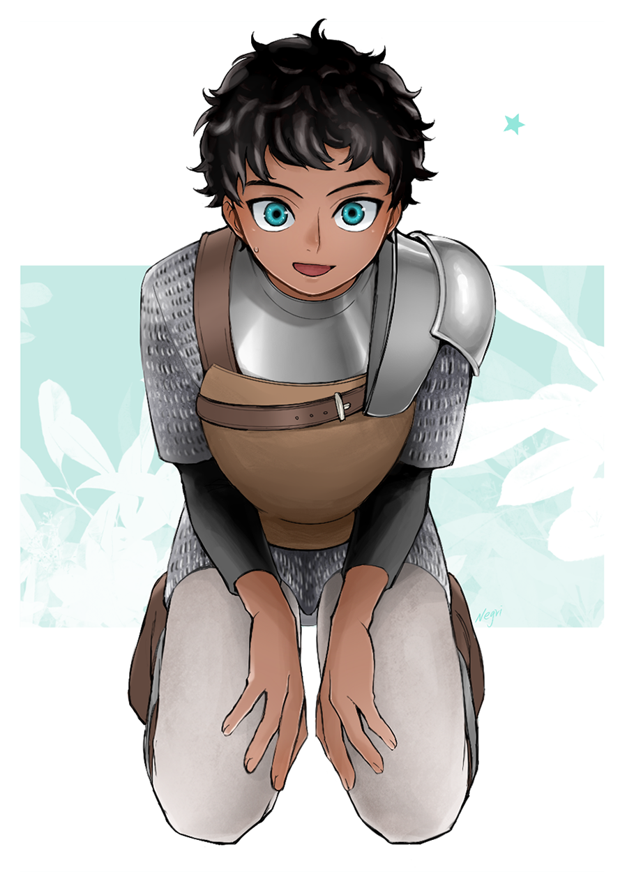 1boy armor black_hair blue_background blue_eyes boots brown_footwear chainmail curly_hair dark-skinned_male dark_skin dungeon_meshi fingernails from_above full_body grey_pants hands_on_own_thighs highres kabru kneehighs leather_armor looking_at_viewer male_focus negri open_mouth pants pauldrons plate_armor short_hair shoulder_armor single_pauldron smile socks solo star_(symbol) white_background