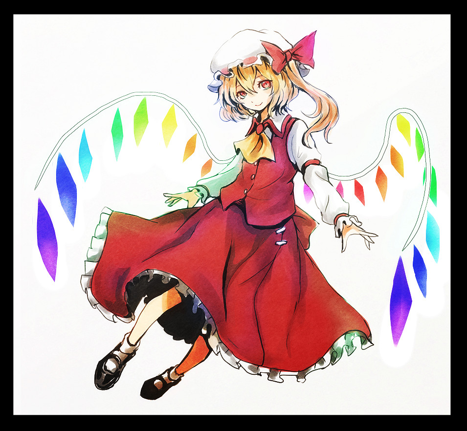 1girl adapted_costume ascot black_border black_footwear border bow buttons closed_mouth collared_shirt flandre_scarlet frilled_skirt frills full_body haiki_(hakkyoii06) hair_bow hat light_smile long_skirt long_sleeves looking_at_viewer mary_janes mob_cap multicolored_wings one_side_up red_bow red_eyes red_ribbon red_skirt red_vest ribbon ribbon-trimmed_headwear ribbon_trim shirt shoes skirt sleeve_ribbon socks solo touhou vest white_background white_socks wings yellow_ascot