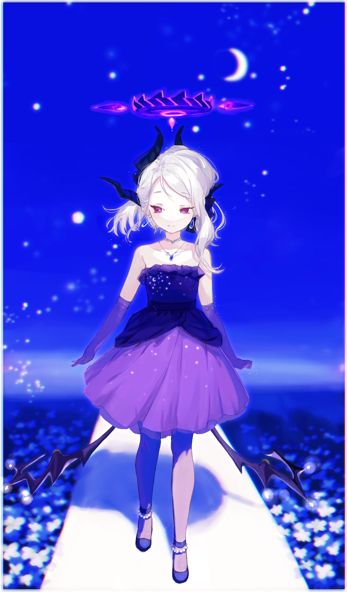 1girl bare_shoulders bead_anklet blue_archive border closed_mouth collarbone crescent_moon dangle_earrings demon_wings dress earrings elbow_gloves evening_gown full_body gloves halo highres hina_(blue_archive) hina_(dress)_(blue_archive) horns jewelry long_hair low_wings moon multiple_horns necklace no_nose pantyhose parted_bangs purple_gloves ringed_eyes shadow sleeveless sleeveless_dress solo strapless strapless_dress ureshiitime_ki violet_eyes white_border white_hair wings
