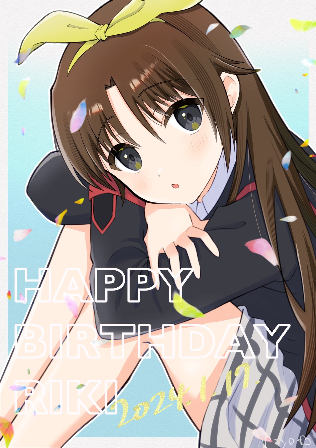 1boy 2024 :o black_eyes black_jacket blush border brown_hair character_name commentary_request confetti crossed_arms dated eyes_visible_through_hair feet_out_of_frame from_side grey_skirt hair_between_eyes hair_ribbon happy_birthday highres hugging_own_legs jacket kinkooo333 knees_up leaning_forward light_blue_background little_busters! little_busters!_school_uniform long_hair long_sleeves looking_at_viewer miniskirt naoe_riki open_mouth otoko_no_ko plaid plaid_skirt ribbon school_uniform signature simple_background sitting skirt solo straight_hair very_long_hair white_border yellow_ribbon