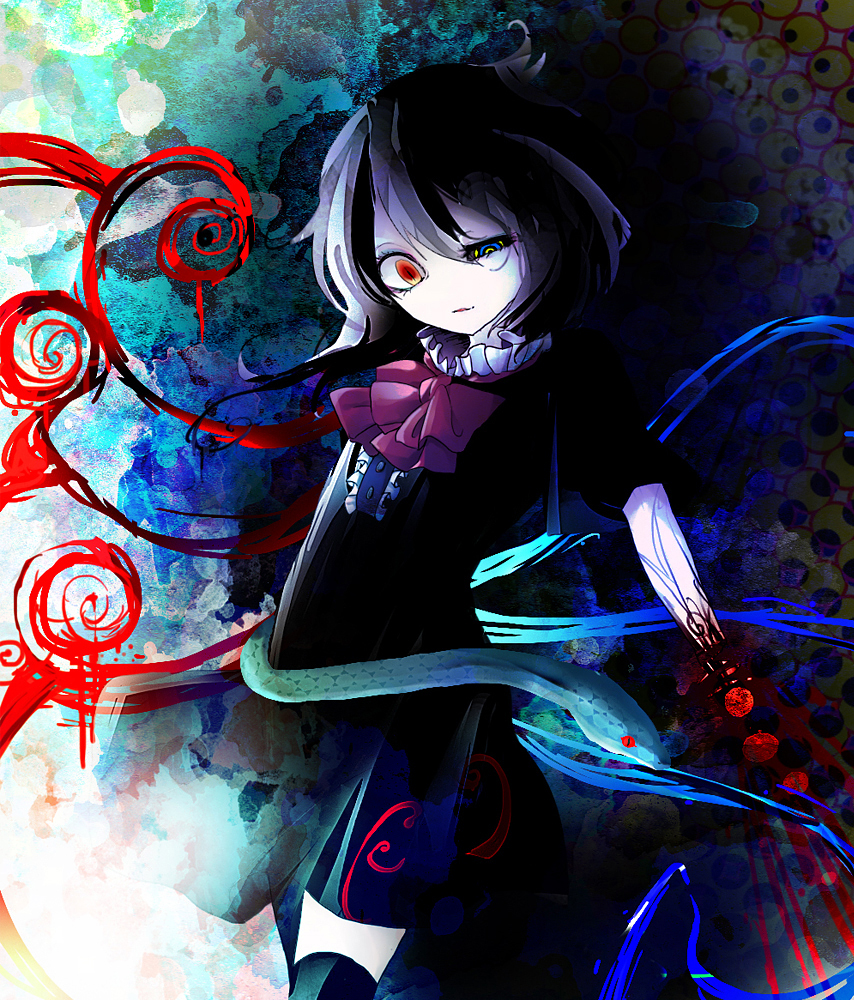 1girl @_@ abstract abstract_background arrow_(symbol) asymmetrical_wings black_hair black_sclera black_shirt black_shorts black_sleeves black_thighhighs blue_background blue_wings bow bowtie buttons center_frills collar collared_shirt colored_sclera commentary cowboy_shot diao_ye_zong eyelashes frilled_collar frills half-closed_eye heterochromia high_collar houjuu_nue leg_up light_smile long_hair mismatched_pupils mismatched_sclera mismatched_wings orange_eyes parted_lips red_bow red_bowtie red_wings shironeko_(dondonmi) shirt short_sleeves shorts slit_pupils solo thigh-highs touhou wings