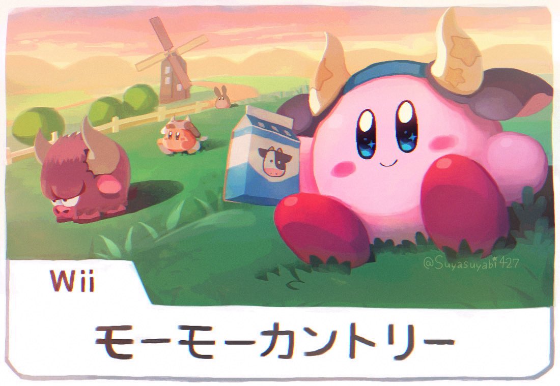 animal_costume animal_ears artist_name blue_eyes blue_hairband blush blush_stickers border buffahorn carton closed_mouth clouds cow_costume cow_ears cow_horns fake_animal_ears fake_horns fence field gradient_sky grass hairband hill holding holding_carton horns kirby kirby_(series) looking_at_viewer mario_kart mario_kart_wii milk_carton no_humans on_grass outdoors path polof sitting sky smile sparkling_eyes star_(symbol) sunset super_mario_bros. suyasuyabi translation_request tree twitter_username waddle_dee walking white_border windmill wooden_fence