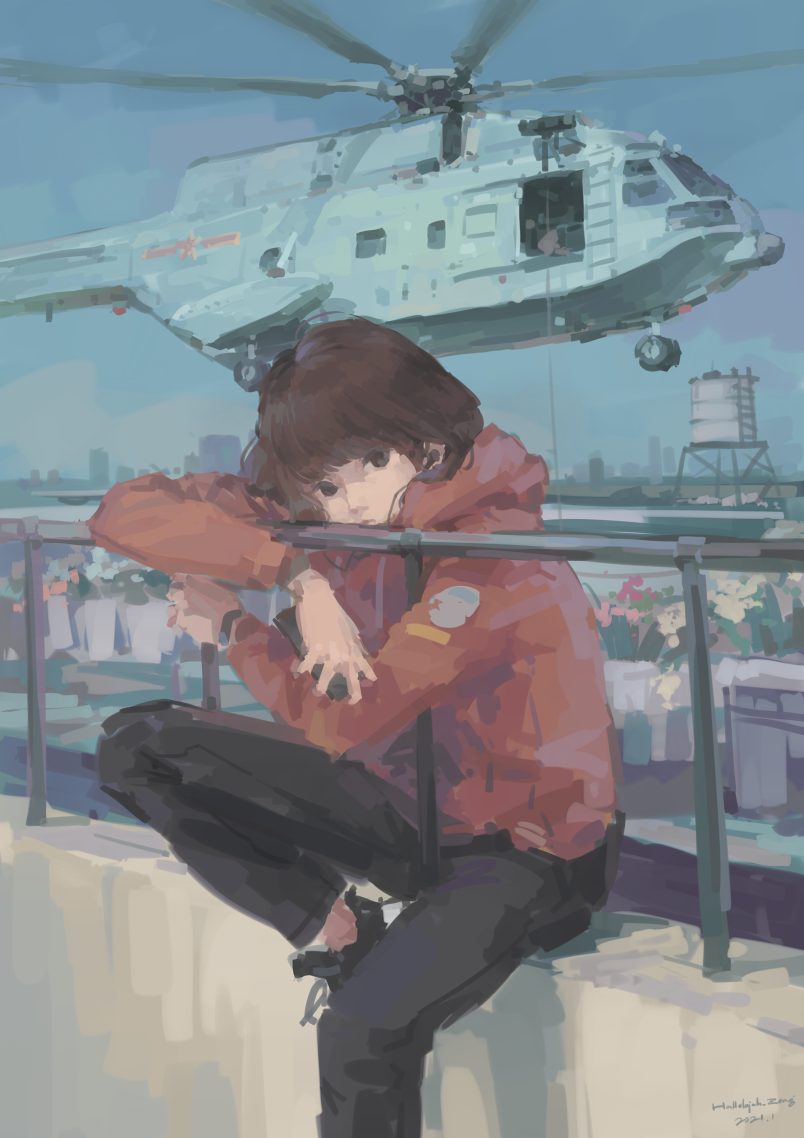 1girl against_railing aircraft black_footwear black_pants brown_eyes brown_hair changhe_z-8 cityscape hallelujah_zeng helicopter hood hooded_sweater hoodie knee_up leaning looking_at_viewer military military_vehicle original pants people's_liberation_army people's_liberation_army_navy railing red_sweater shoes sitting sneakers solo sweater