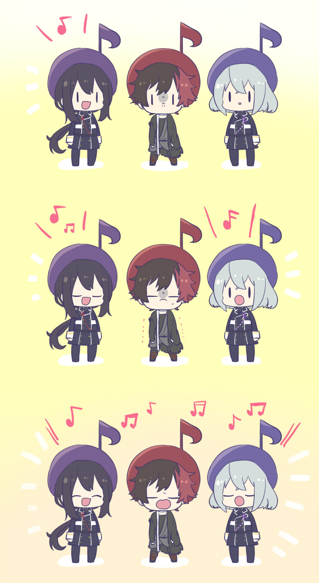 3boys :d :o ^_^ annoyed arms_at_sides black_jacket bob_cut boots buttons chibi closed_eyes double-breasted facing_viewer frown gloom_(expression) goma_sodapop grey_hair hair_ornament happy hizen_tadahiro honebami_toushirou jacket lineup long_hair long_sleeves looking_at_viewer male_focus multicolored_hair multiple_boys music musical_note musical_note_hair_ornament namazuo_toushirou outline pants ponytail purple_jacket purple_pants redhead short_hair simple_background singing smile standing touken_ranbu trembling two-tone_hair very_long_hair white_outline yellow_background