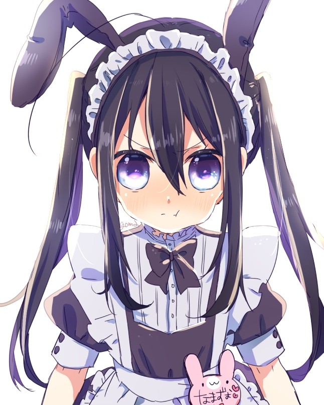1boy :t alternate_hairstyle androgynous animal_ears apron arms_at_sides black_bow black_bowtie black_dress bow bowtie crossdressing dress frilled_apron frilled_shirt_collar frills goma_sodapop hair_between_eyes maid maid_apron male_focus male_maid multicolored_hair namazuo_toushirou otoko_no_ko puffy_short_sleeves puffy_sleeves purple_hair rabbit_ears short_sleeves simple_background solo touken_ranbu twintails two-tone_hair upper_body violet_eyes white_apron white_background