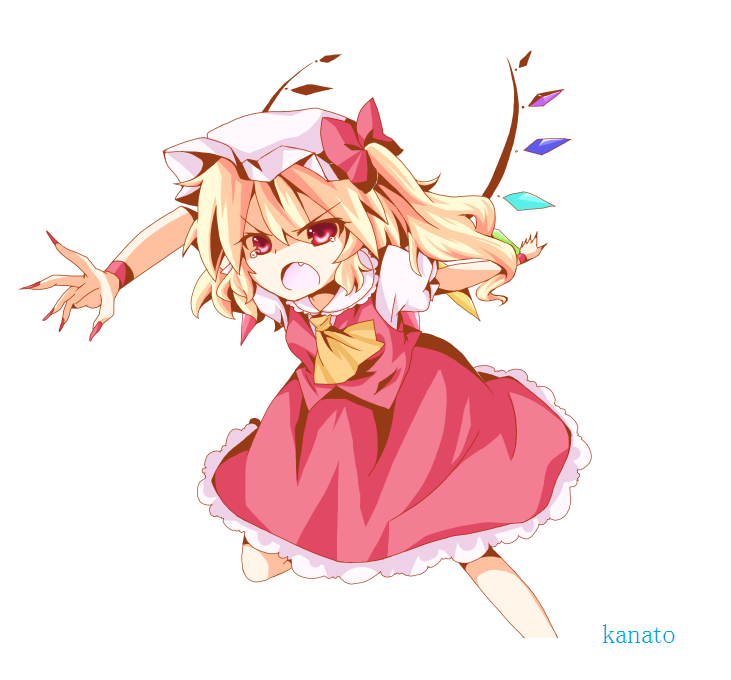 1girl artist_name ascot bow collared_shirt cropped_legs fighting_stance fingernails flandre_scarlet foreshortening frilled_skirt frills hair_bow hat incoming_attack kanato_(mini_minto) long_fingernails looking_at_viewer mob_cap multicolored_wings nail_polish puffy_short_sleeves puffy_sleeves red_bow red_eyes red_nails red_skirt red_vest sharp_fingernails shirt short_sleeves simple_background skirt skirt_set solo touhou vest white_background white_headwear white_shirt wings yellow_ascot
