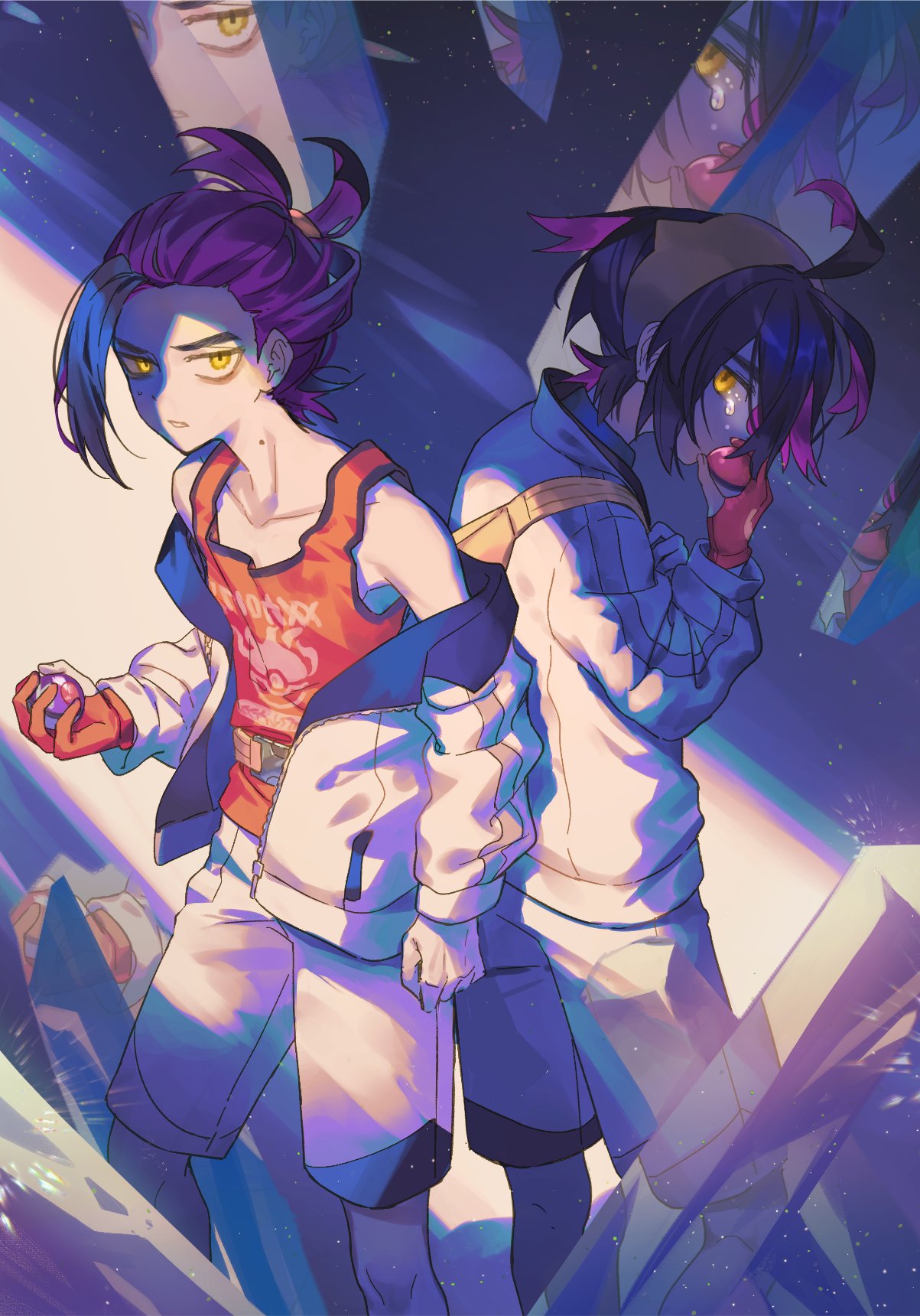 2boys bag black_hair crystal dual_persona highres holding holding_poke_ball jacket kieran_(pokemon) long_sleeves looking_at_viewer male_focus meno_oku mole mole_on_neck multicolored_hair multiple_boys off_shoulder open_clothes open_jacket orange_eyes parted_lips poke_ball pokemon pokemon_sv purple_hair red_tank_top shorts simple_background sweat tank_top tears yellow_bag