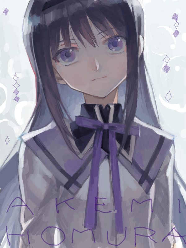 1girl :| akemi_homura arms_at_sides backlighting bad_drawr_id bad_id black_hair blurry bow bowtie breasts character_name closed_mouth depth_of_field diamond_(shape) grey_background head_tilt long_hair long_sleeves looking_at_viewer magical_girl mahou_shoujo_madoka_magica mahou_shoujo_madoka_magica_(anime) nishihara_isao oekaki purple_bow purple_bowtie ribbon serious shirt sidelocks small_breasts solo straight-on upper_body violet_eyes white_shirt