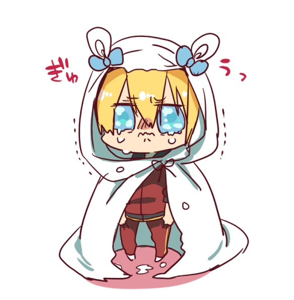 1boy angry animal_ears blanket blonde_hair blue_bow blue_eyes bow chibi cloak clothes_grab crying fake_animal_ears full_body goma_sodapop hood hood_up hooded_cloak jacket long_sleeves male_focus pants red_jacket red_pants sad short_hair simple_background solo standing touken_ranbu track_suit trembling under_covers veil wavy_mouth white_background yamanbagiri_kunihiro
