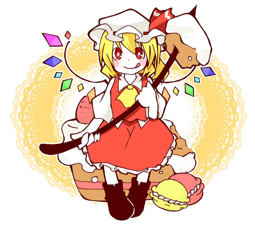 1girl :q ascot cake chibi collared_shirt flandre_scarlet food fruit full_body hat hat_ribbon holding holding_food looking_at_viewer macaron multicolored_wings red_eyes red_ribbon red_skirt red_vest ribbon ribbon-trimmed_headwear ribbon_trim shirt short_sleeves simple_background skirt strawberry strawberry_cake tongue tongue_out touhou vest white_background white_headwear white_shirt wings yellow_ascot yellow_background yoshida._(kbkbhihi)
