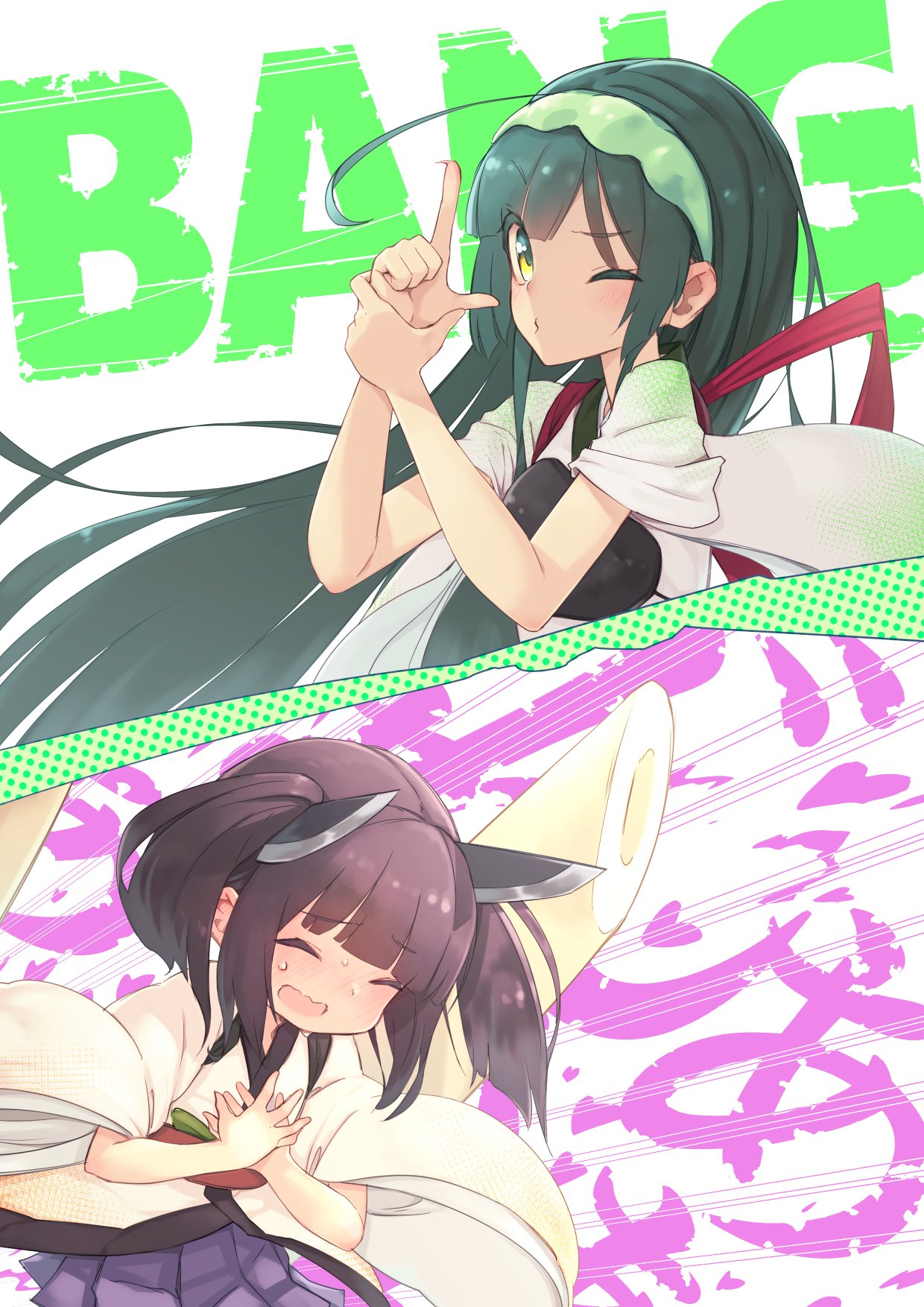 2girls ahoge blunt_bangs blush brown_hair closed_eyes clutching_chest commentary_request emphasis_lines english_text finger_gun gradient_kimono green_hair green_hairband green_kimono hairband halftone headgear highres japanese_clothes kimono kiritanpo_(food) long_hair medium_hair multiple_girls muneate nose_blush one_eye_closed open_mouth oversized_food oversized_object own_hands_together pleated_skirt purple_skirt pursed_lips shooting_through_heart short_kimono short_twintails siblings sisters skirt sweat tasuki text_background touhoku_kiritan touhoku_zunko twintails voiceroid wavy_mouth white_kimono wide_sleeves yamadori_seika