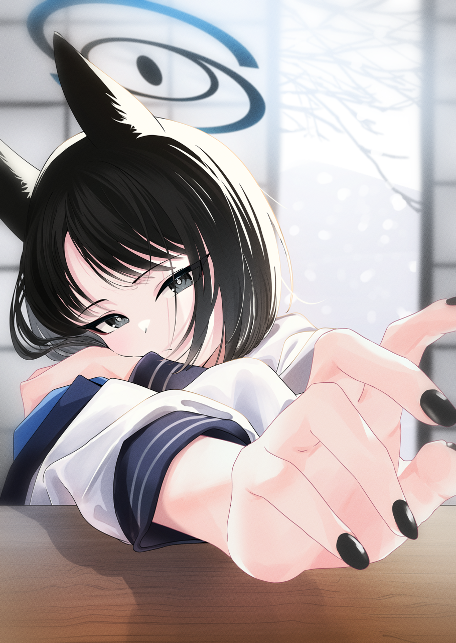 1girl animal_ears backlighting bare_tree black_eyes black_hair black_nails blue_archive blurry blurry_background bright_pupils cat_ears closed_mouth commentary expressionless foreshortening halo head_rest head_tilt highres indoors kazu_(kauk3753) kikyou_(blue_archive) light_blush long_sleeves looking_at_viewer medium_hair nail_polish reaching reaching_towards_viewer school_uniform shirt snowing solo tree tsurime upper_body white_pupils white_shirt winter