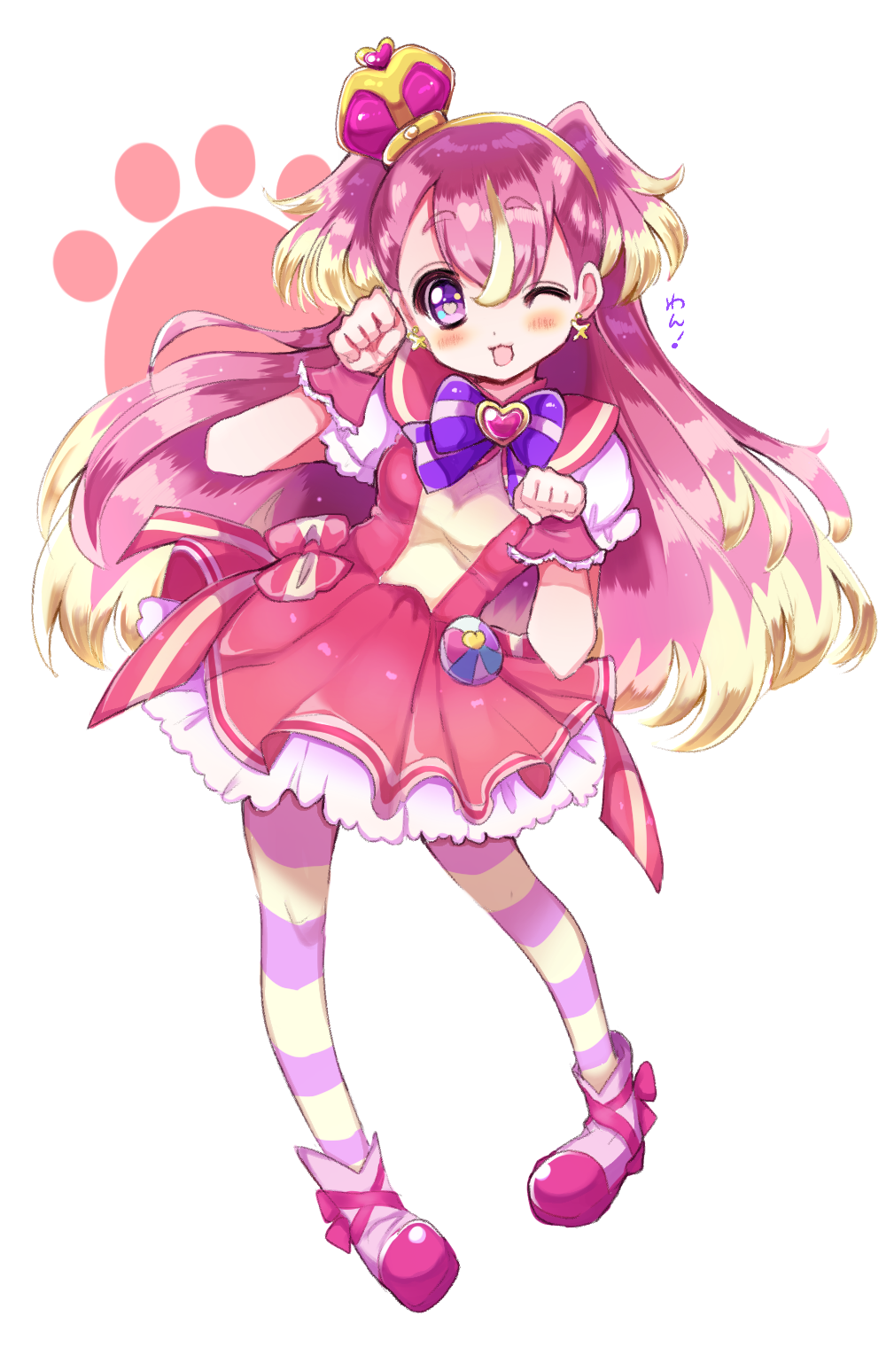 1girl :3 ;d ankle_boots blonde_hair boots bow brooch commentary_request crown cure_wonderful dress dress_bow earrings full_body heart heart_brooch highres inukai_komugi jewelry long_hair looking_at_viewer magical_girl mini_crown multicolored_hair odaosamu one_eye_closed open_mouth pantyhose partial_commentary paw_pose paw_print petticoat pink_dress pink_footwear pink_hair pink_pantyhose pouch precure puffy_short_sleeves puffy_sleeves purple_bow short_dress short_sleeves simple_background smile solo standing striped_clothes striped_pantyhose translated two-tone_hair two_side_up white_background wonderful_precure! wrist_cuffs yellow_pantyhose
