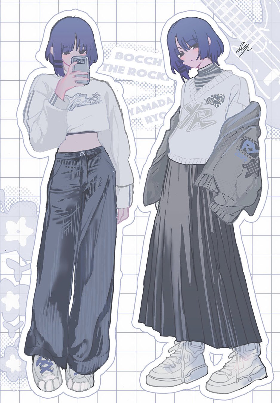 1girl arm_at_side baggy_pants bass_guitar black_eyes black_pants black_skirt blue_hair bocchi_the_rock! cellphone character_name copyright_name crop_top denim full_body graph grey_jacket hair_ornament hairclip hand_up highres holding holding_phone instrument jacket light_blush long_legs long_sleeves looking_at_phone looking_at_viewer midriff open_clothes open_jacket pants parted_bangs phone pleated_skirt shoes short_hair skirt smartphone sneakers star_(symbol) star_print sweater three9moon v-neck white_footwear white_sneakers white_sweater yamada_ryo
