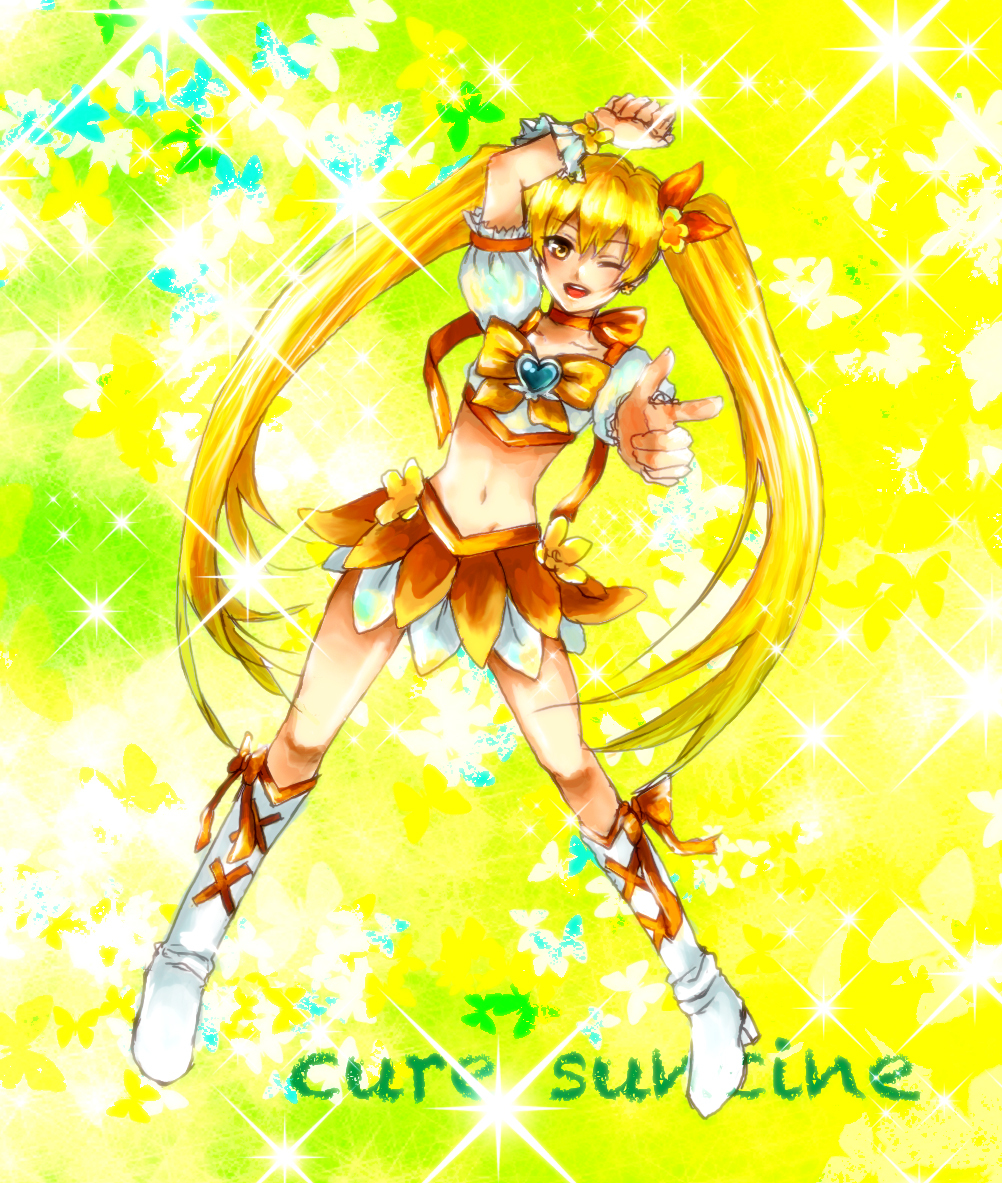 artist_request bad_id blonde_hair boots character_name cure_sunshine futari_wa_precure hair_ribbon heart heartcatch_precure! long_hair magical_girl midriff myoudouin_itsuki navel orange_dress precure ribbon skirt solo twintails wink yellow yellow_background yellow_eyes