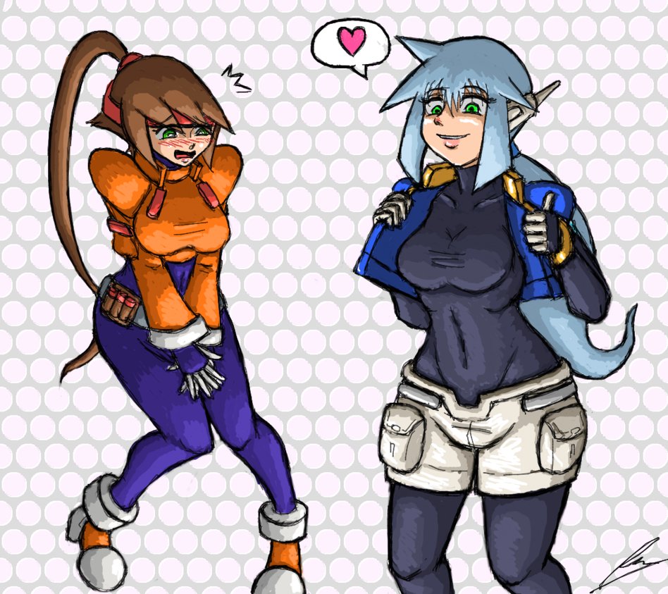 2girls aile ashe belt blue_hair blush bodysuit borockman breasts brown_hair clothed_navel cosplay costume_switch covering covering_crotch embarrassed gloves green_eyes headband large_breasts long_hair multiple_girls ponytail robot_ears rockman rockman_zx shorts taut_clothes v_arms vest