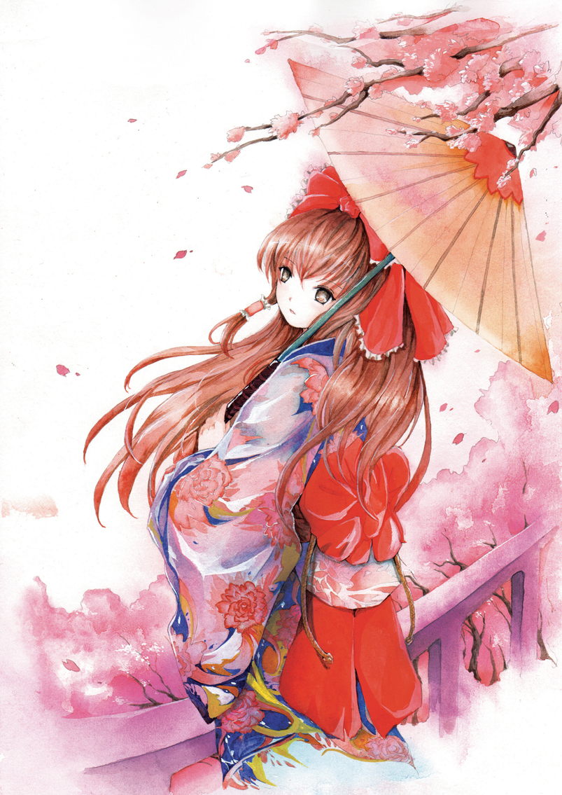 brown_eyes brown_hair hair_bow hakurei_reimu ishii_masato japanese_clothes kimono long_hair looking_back oriental_umbrella petals touhou traditional_media umbrella