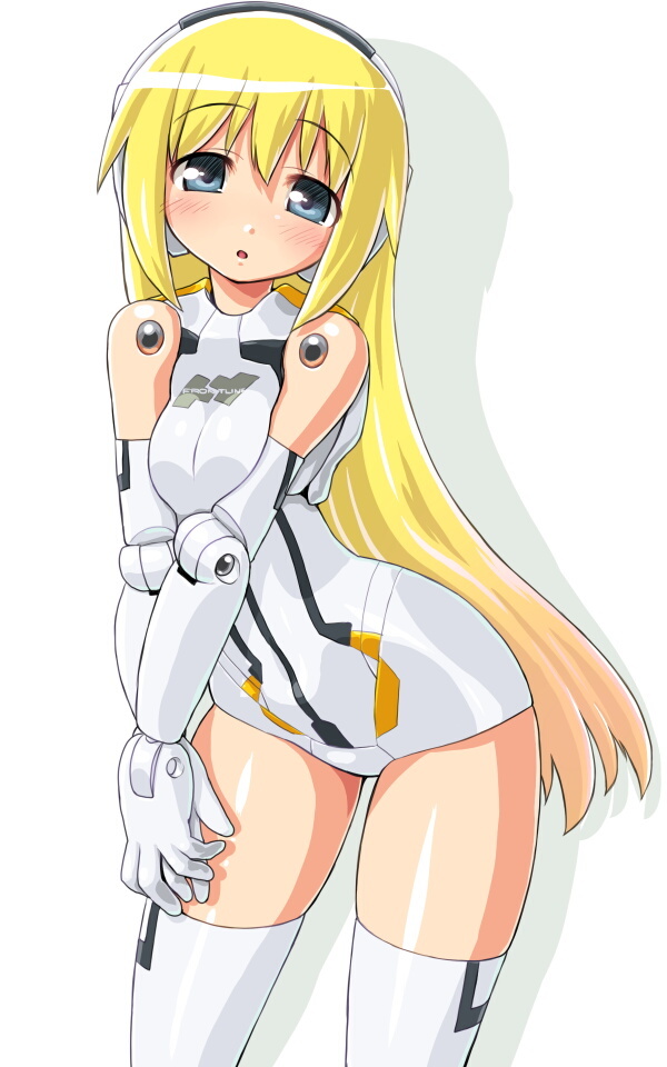 arnval bare_shoulders blonde_hair blue_eyes blush breast_squeeze breasts busou_shinki dd_(artist) doll_joints embarrassed female gradient_hair hairband hands_clasped leaning_forward long_hair mecha_musume minigirl multicolored_hair open_mouth shadow shiny simple_background solo thighhighs thighs very_long_hair white_background white_legwear zettai_ryouiki