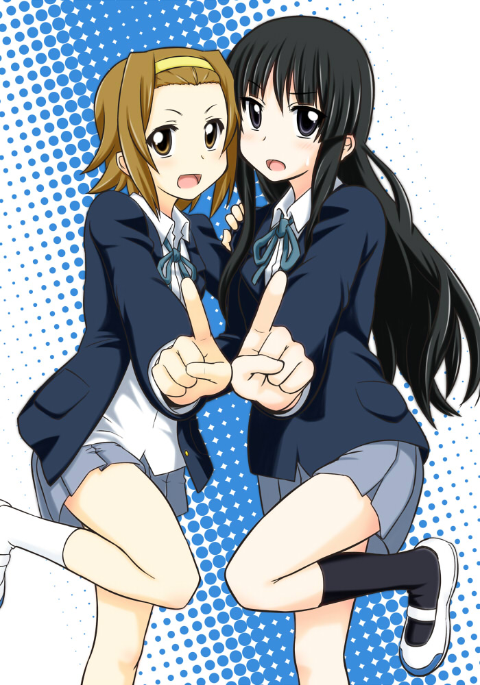 2girls akiyama_mio black_eyes black_hair brown_eyes brown_hair foreshortening k-on! long_hair multiple_girls satsuki_inari school_uniform shoes short_hair symmetry tainaka_ritsu uwabaki