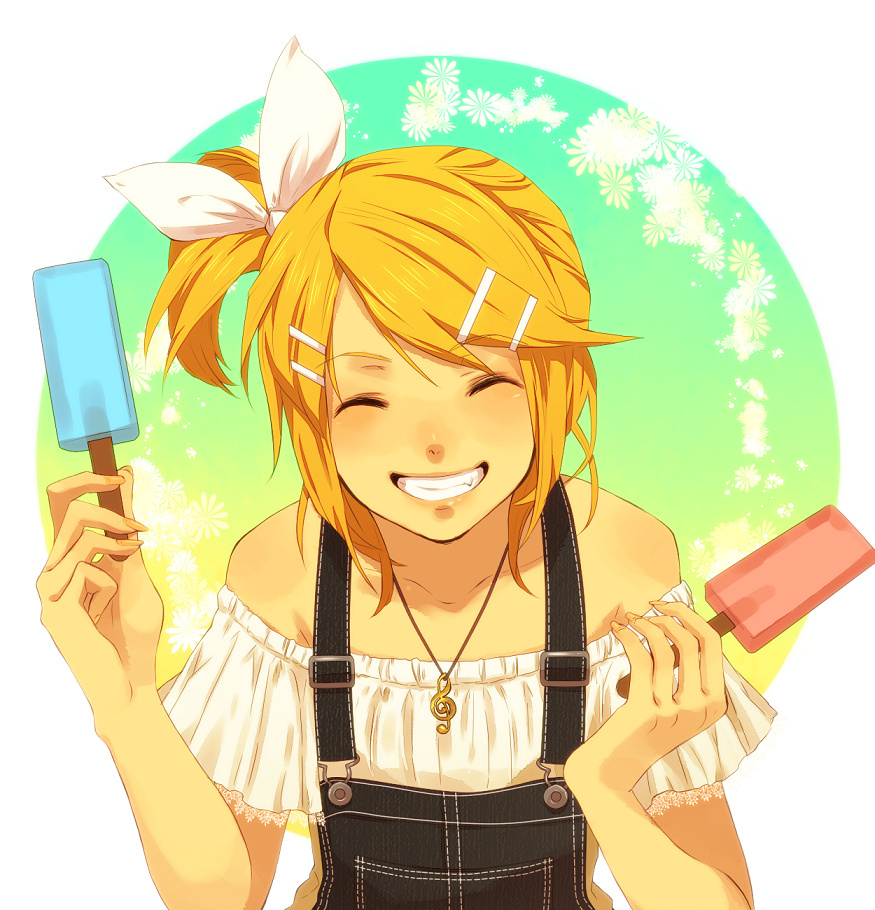 bad_id bare_shoulders casual kagamine_rin nail_polish overalls popsicle side_ponytail solo tim_(tim411) vocaloid