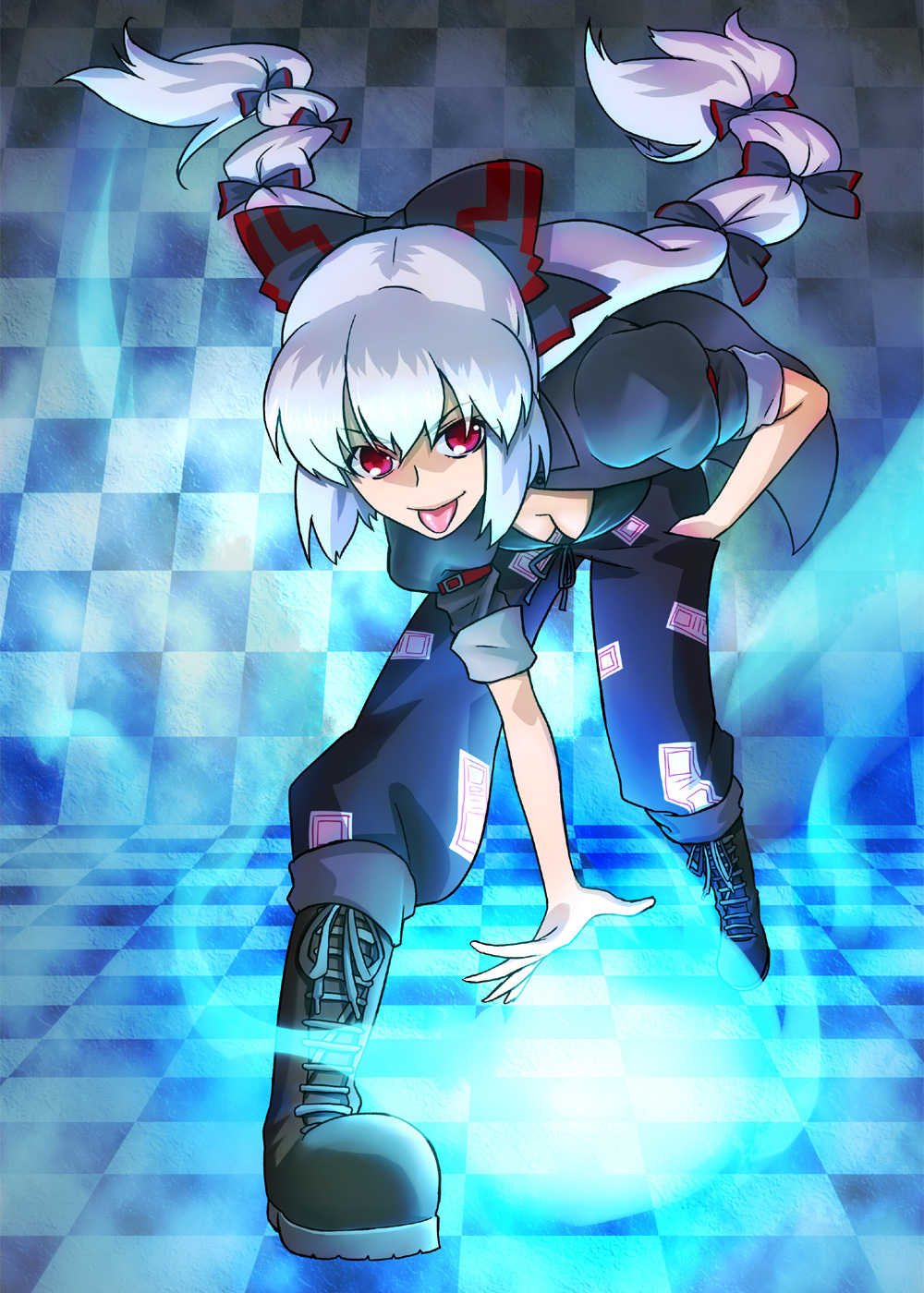 :p alternate_costume alternate_hairstyle bad_id bikini_top black_rock_shooter black_rock_shooter_(character) black_rock_shooter_(cosplay) blue_fire blue_flame boots bow breasts checkered checkered_floor cleavage cosplay down_blouse fire fujiwara_no_mokou hair_bow hair_ribbon hand_in_pocket highres long_hair pants red_eyes ribbon solo tongue touhou twintails very_long_hair white_hair
